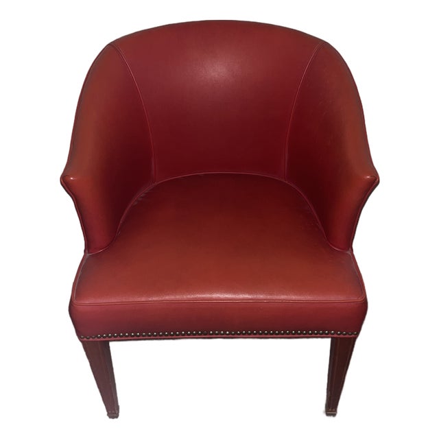 Vintage Mid-Century Modern Genuine Red Leather Barrel-Back Tub Chair With Inlay Legs For Sale