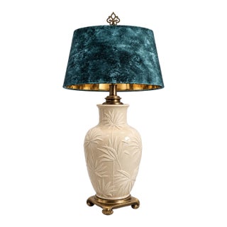 Mid 20th Century Coastal Regency Palm Relief Ceramic Urn Table Lamp With Teal Velvet Shade For Sale