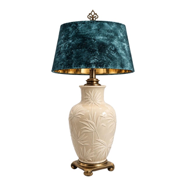 Mid 20th Century Coastal Regency Palm Relief Ceramic Urn Table Lamp With Teal Velvet Shade For Sale