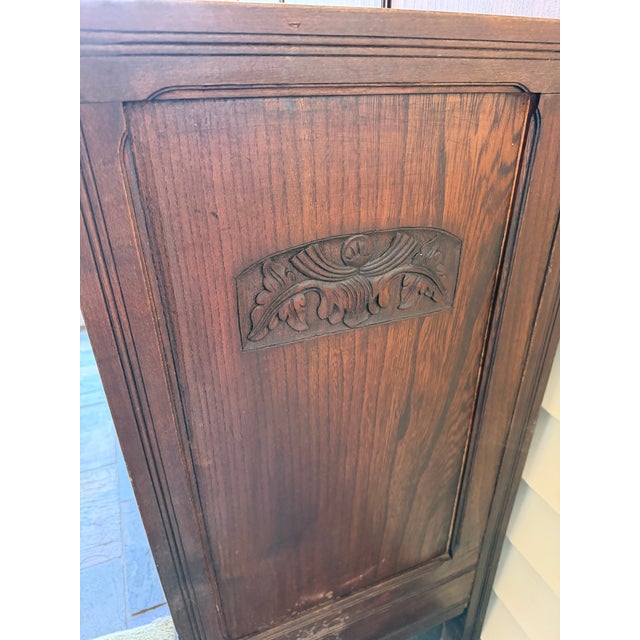 Antique Arts & Crafts Oak Hall Settle Bench With Carved Crest and Upholstered Seat, Circa 1910 For Sale - Image 4 of 5