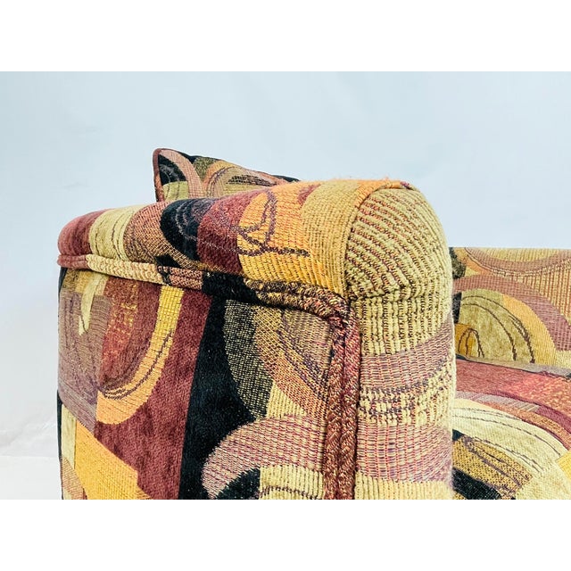 Pair of Vintage Swivel Lounge Chairs With Abstract Upholstery and Brass Bases For Sale - Image 12 of 17