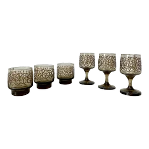 Mid-Century Modern1970s Libbey Glass Co. Prado Scroll | 3 Low Ball Glasses + 3 Wine Glasses Set of 6