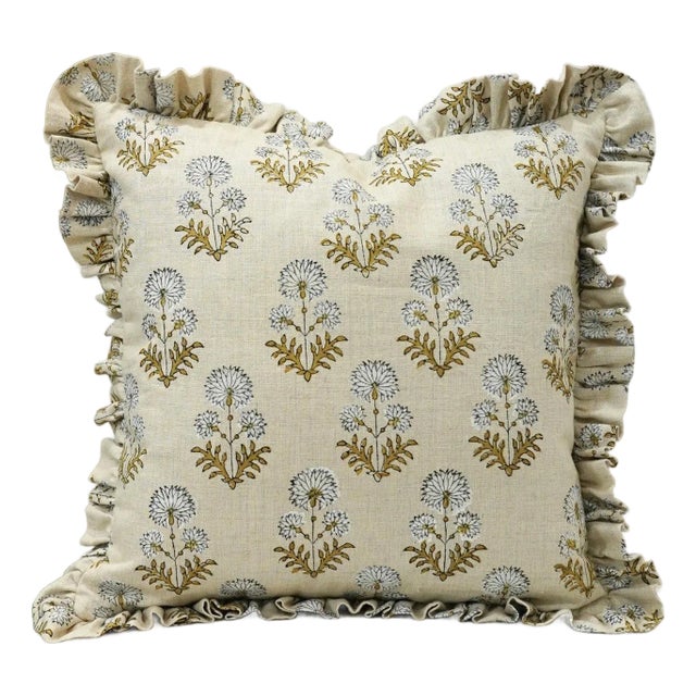 Fabdivine Indian Block Print Frill Cushion Cover 18x18 Inch Pure Linen- Rishi For Sale