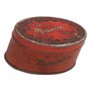 Mellomints Pre Ww2 Candy Tin Metal Oval Box With Removable Lid Made in Usa 4904b For Sale