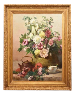 Léon Leblanc, Mallow and Hibiscus Flowers, Oil on Canvas, Late 19th Century, Framed