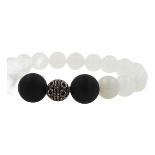White Agate Black Onyx Round Bead Stretchy Unique Statement Circle Beads Chakra For Sale