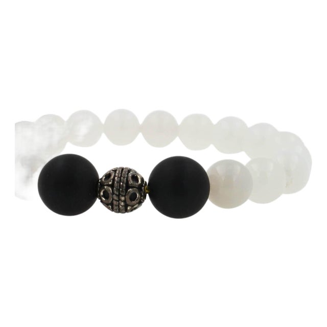 White Agate Black Onyx Round Bead Stretchy Unique Statement Circle Beads Chakra For Sale