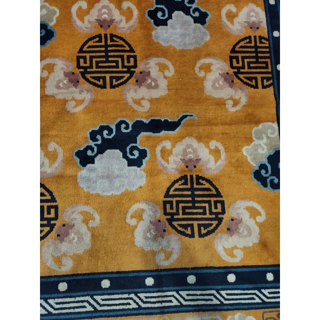 Pumpkin 1960s Orange Cloud Bands Symbols Antique Chinese Peking Rug 7'2" X 10'4" Knotted Wool Carpet For Sale - Image 8 of 10
