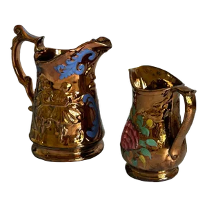 Staffordshire Copper Lustre Pitcher Dancing Couple Flower 19th Century Set of 2