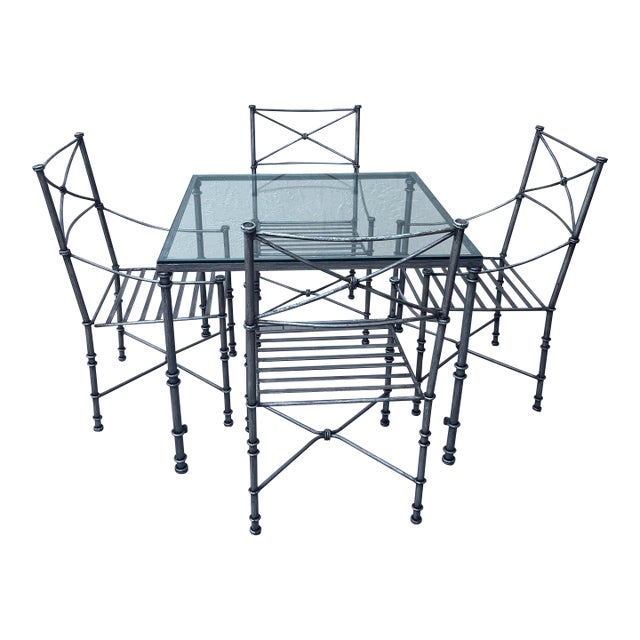 1980s Diego Giacometti Inspired Iron Table & 4 Chairs Dining Set For Sale