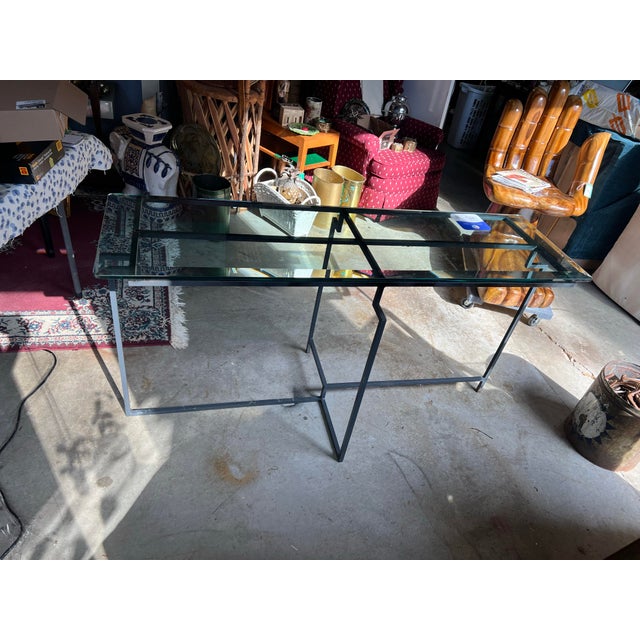 Up for consideration is a beautiful vintage 1950's steel and glass geometric console table. This is a lovely and useful...