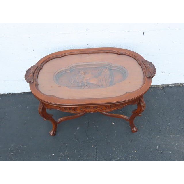 Heavy Hand Carved Cameo Coffee Table With Glass Top Serving Tray 6644 For Sale - Image 9 of 17