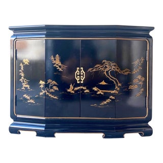 Chinese Black Lacquered and Gold Credenza With Brass Handles For Sale