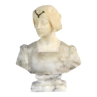 Vintage Carved Italian Alabaster Sculpture Bust of Young Woman by Castellana For Sale