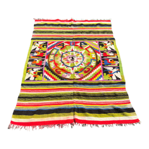 Vintage Brightly Adorned Aztec Calendar Inspired Wool Blanket/Rug