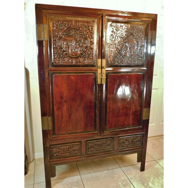 Figurative Antique 19th Century Chinese Figural Carved Wood Cabinet or Armoire For Sale - Image 3 of 12