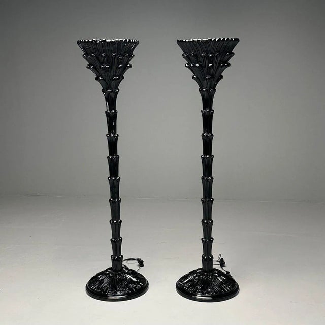 Serge Roche Style, Mid-Century Modern, Palm Leaf Floor Lamps, Black Lacquer For Sale - Image 9 of 12