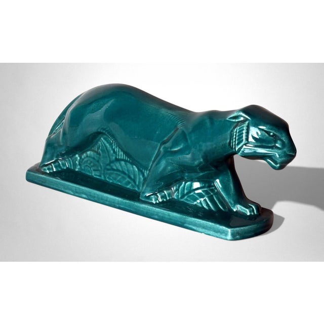 Art Deco Mid 20th Century Art Deco Saint-Clément Style Panther France Green-Glazed Ceramic For Sale - Image 3 of 18