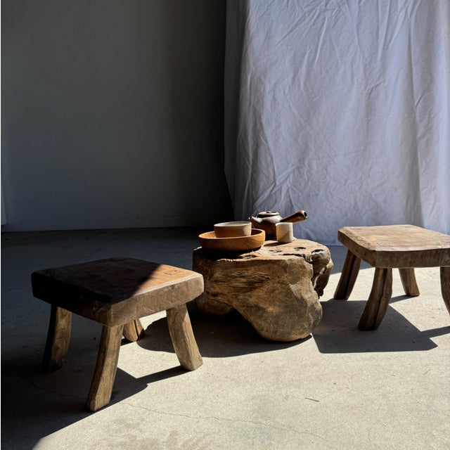 Small stool, oval wabi-sabi style side table in solid teak. Minimalist, raw design, a beautiful piece of quality...