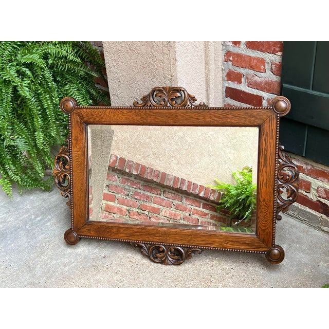 Antique English Beveled Wall Mirror Carved Oak Frame Jacobean Arts