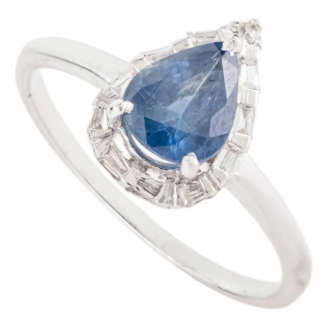14k Gold 1ct Pear Shape Blue Sapphire Diamond Halo Art Deco Ring Size 9 For Sale