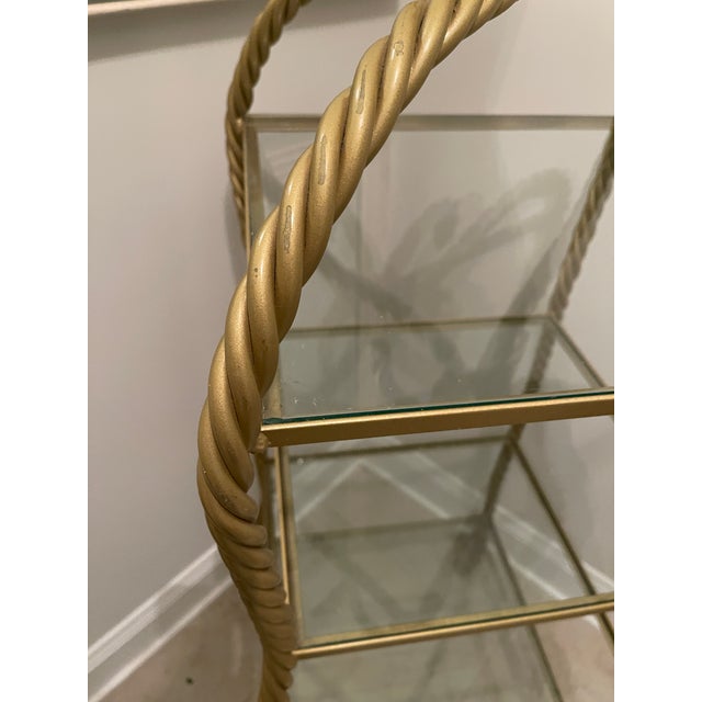 Gold Vintage Metal Rope Twist Design Etagere With 4 Glass Shelves For Sale - Image 8 of 10