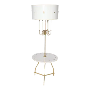 Tommi Parzinger Style Marble, Brass, Shaded Candlestick Side Table Floor Lamp