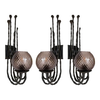 Wrought Iron and Glass Sconces by Pozzebon. Italy, 1970s, Set of 3 For Sale