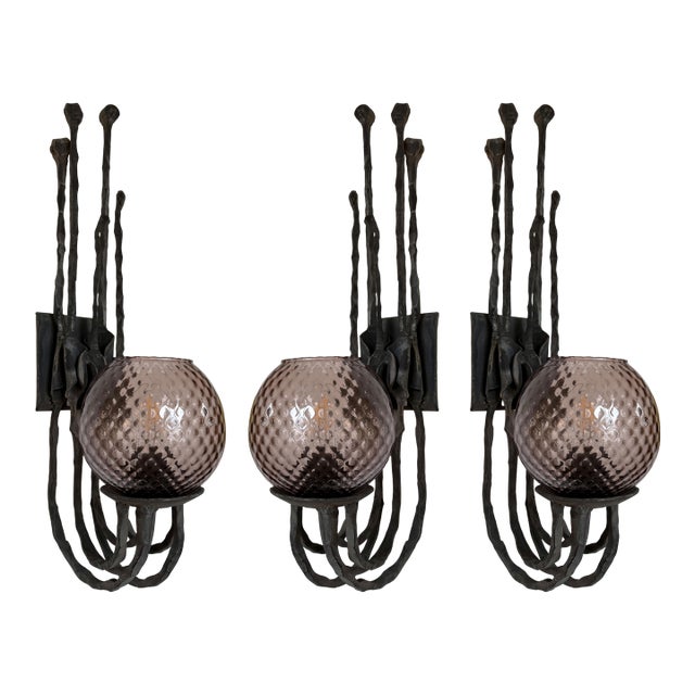 Wrought Iron and Glass Sconces by Pozzebon. Italy, 1970s, Set of 3 For Sale