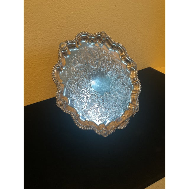 Vintage Silver Plated Engraved Footed Tray With Scalloped Edge For Sale - Image 13 of 14