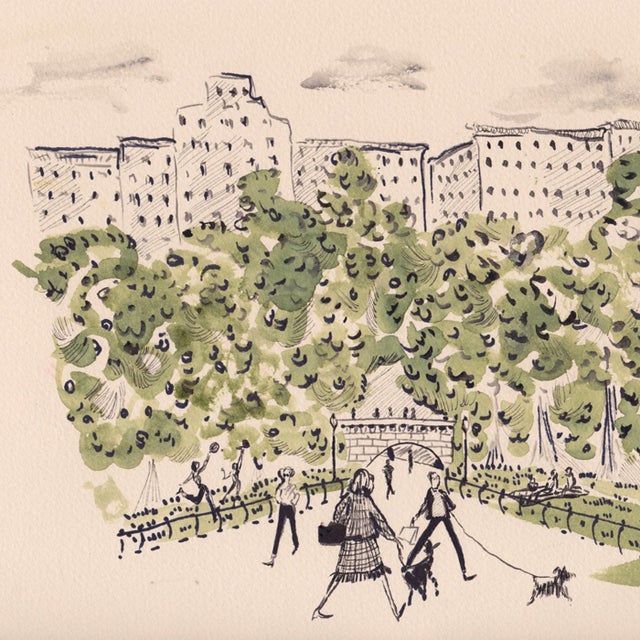 A scene of New York City's Central Park in the spring with a few people strolling in the afternoon.