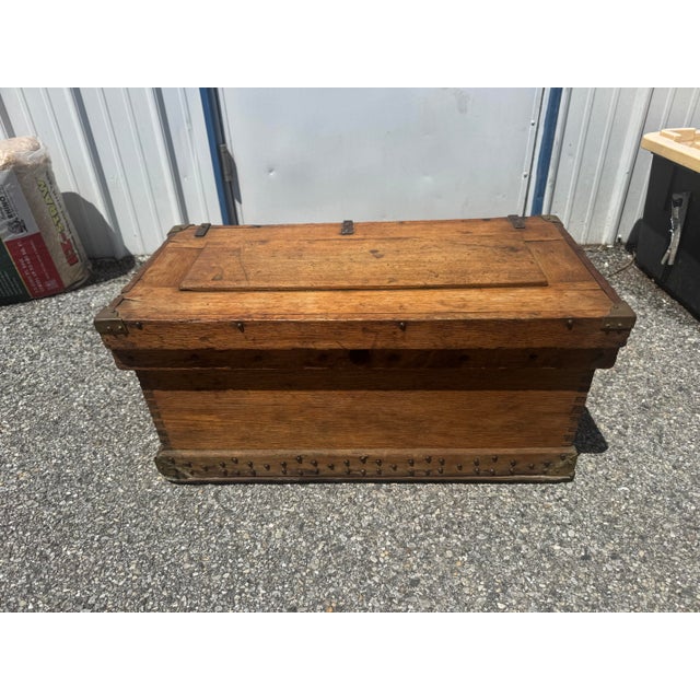 A wonderful late 19th century antique pine tool chest, also known as a carpenter’s strong box, featuring hand-cut dovetail...