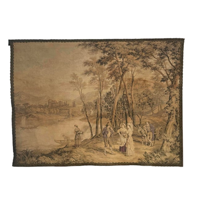 Antique François Boucher Large Wide Country French Tapestry Forest Wagon Boats Castle 1890 56x41” Trimmed in Flat Braid