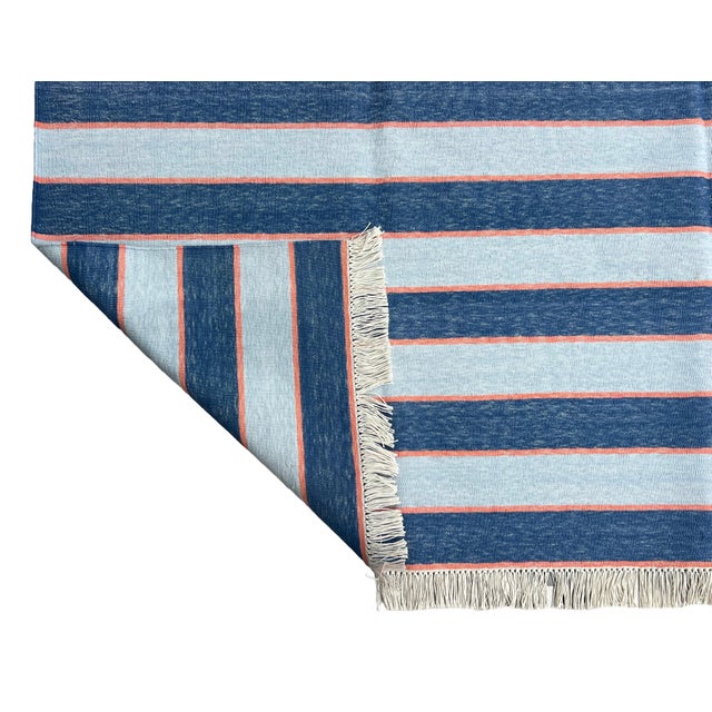 Handmade Cotton Area Rug, Vegetable Dyed, Blue and Orange Striped Dhurrie -6'x9' For Sale - Image 13 of 13