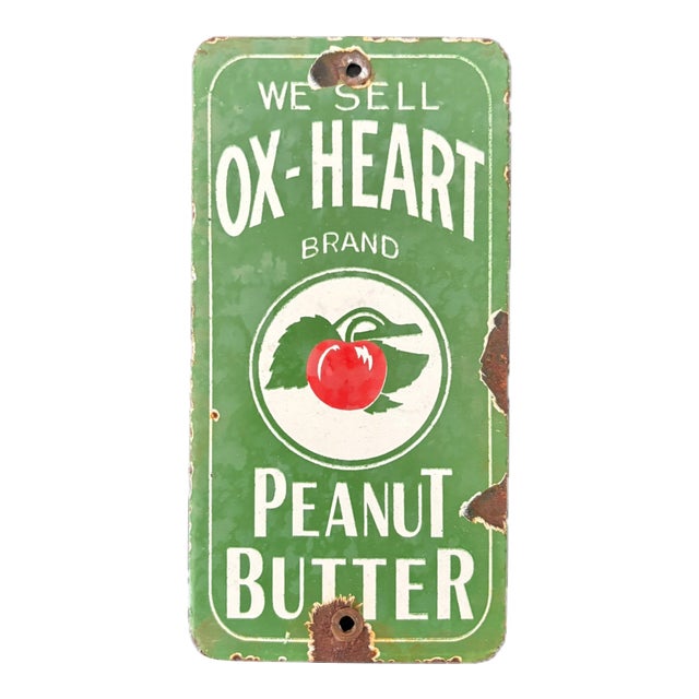 Late 20th Century Small Ox-Heart Peanut Butter Distressed Reproduction Advertising Sign For Sale