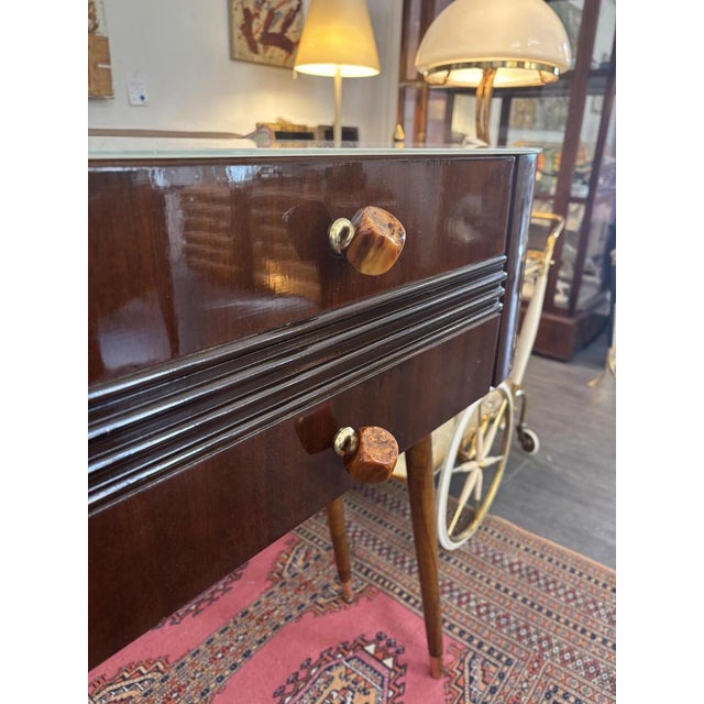 Beautiful vintage console table Upcycled, Art Deco style on mid-century legs, ivory glass top Good restored condition
