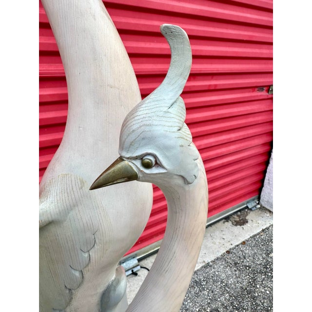 Wood 62” Ft Vintage Brass and Carved Solid Wood Herons Cranes Birds Sculpture Manner of Sarried For Sale - Image 7 of 12