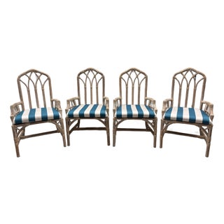 4 Refurbished Henry Link Cathedral Rattan Bamboo Arm Chairs. Professionally Upholstered in Teal and White Striped Sunbrella Outdoor Fabric For Sale