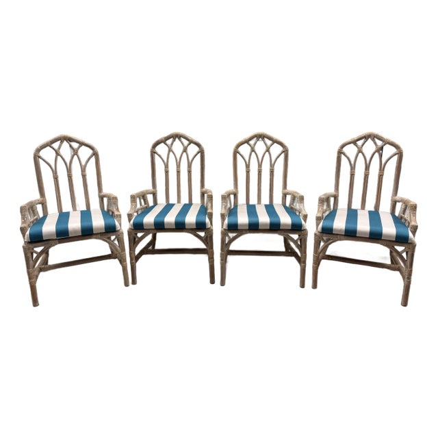 4 Refurbished Henry Link Cathedral Rattan Bamboo Arm Chairs. Professionally Upholstered in Teal and White Striped Sunbrella Outdoor Fabric For Sale