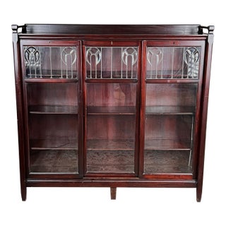 Antique Arts & Crafts Leaded Glass Mahogany Bookcase C. 1920 For Sale