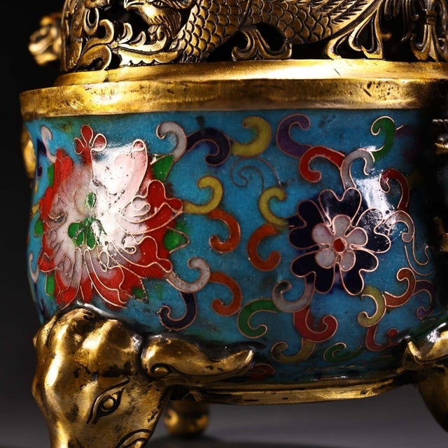 Metal Vintage Chinese Gilt‑Brass Cloisonné Enamel Incense Burner, Dragon Ears Elephant Feet Censer For Sale - Image 7 of 10