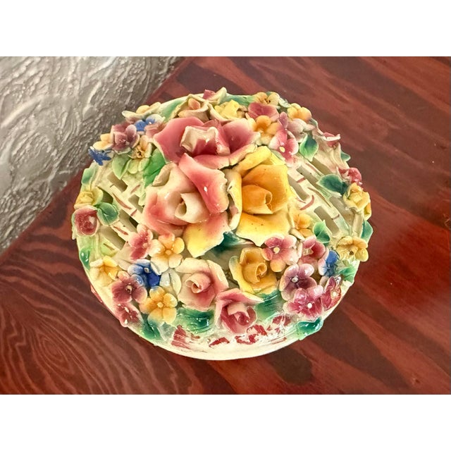 Ceramic Vintage Italian Capodimonte Porcelain Flower Basket Box With Applied Roses For Sale - Image 7 of 11