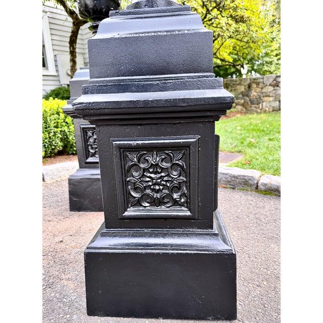 Large Antique Black Cast Iron Garden Urns on Pedestals, Pair, Circa 1900 For Sale - Image 17 of 18