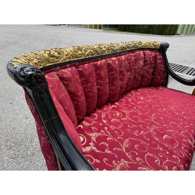 1930s Lovely Louis XVI Gold & Red Satin Walnut Victorian Sofa Settee For Sale - Image 9 of 12