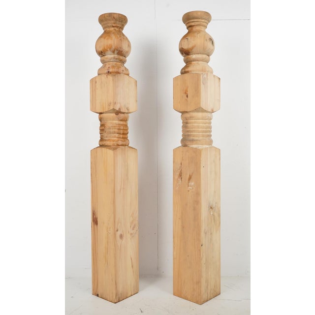 Unfinished wood newel posts, which are structural and decorative pillars used to support the handrails of a staircase....