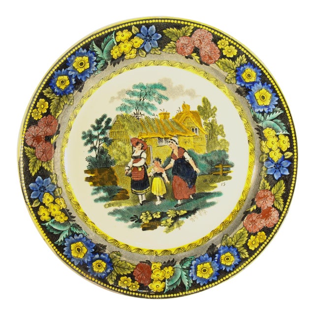 1830s Creil-Montreau French Faience Polychrome Transfer Plate 3 Generations For Sale