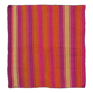 Vintage Peruvian Square Kilim, Pink & Orange Striped Tribal Design - Rug & Kilim For Sale