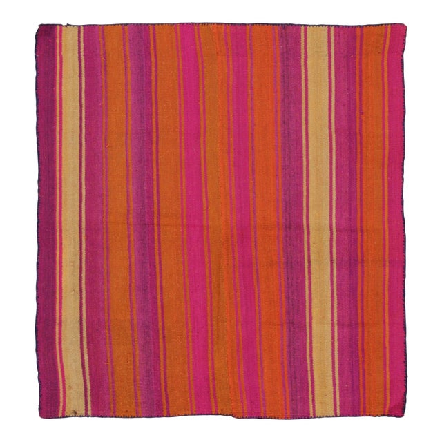 Vintage Peruvian Square Kilim, Pink & Orange Striped Tribal Design - Rug & Kilim For Sale