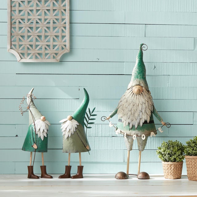Rustic Iron Metal Standing Garden Gnome with Flower (Set of 2) For Sale - Image 3 of 5