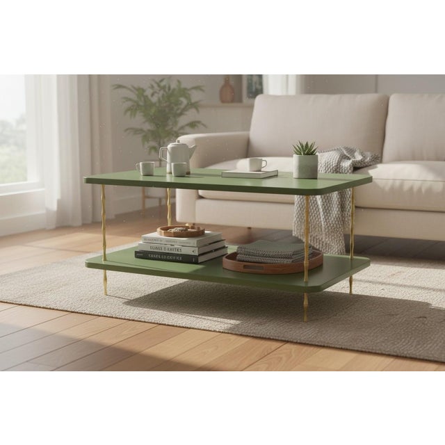 Handcrafted Satin Forest Hills Green Lacquered Two-Layer Coffee Table With Brass Bamboo Legs For Sale In New York - Image 6 of 6